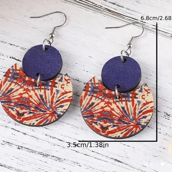 New Vintage Red White and Blue fireworks wooden dangle earrings - Picture 2 of 2